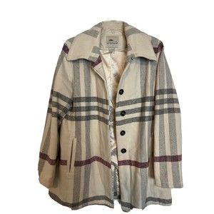 Bob Linley Womens Cream/Pink Plaid Long Sleeve Pea Coat w/ Pockets Sz Large